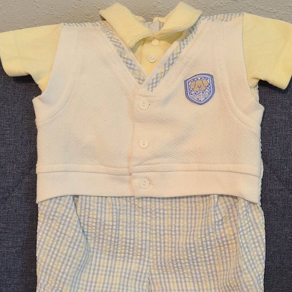 Yellow white and blue seersucker romper with attached vest